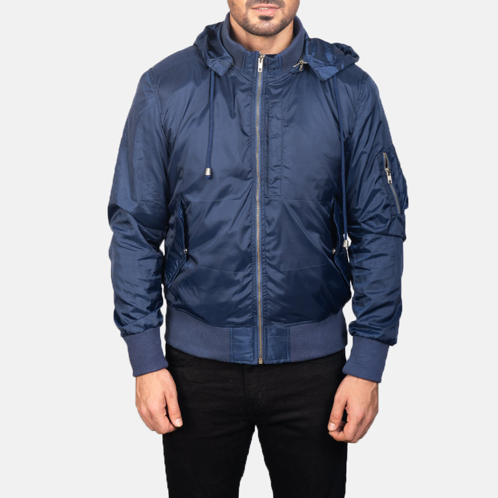
تفاصيل مقربة of Knit Rib with Removable Nylon Hood & Zipper Hardware on Blue Hooded Bomber Jacket