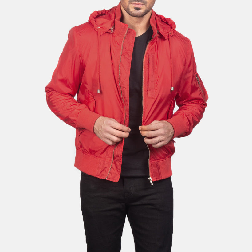 Hanklin MA-1 أحمر Hooded جاكيت بومبر جلد رجالي