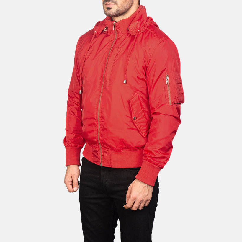 Hanklin MA-1 أحمر Hooded جاكيت بومبر جلد رجالي