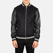 Harrison أسود Hybrid Varsity جاكيت جلد رجالي - Lateral Side Profile View Showing Sleeve Cut &amp; Athletic Taper Fit