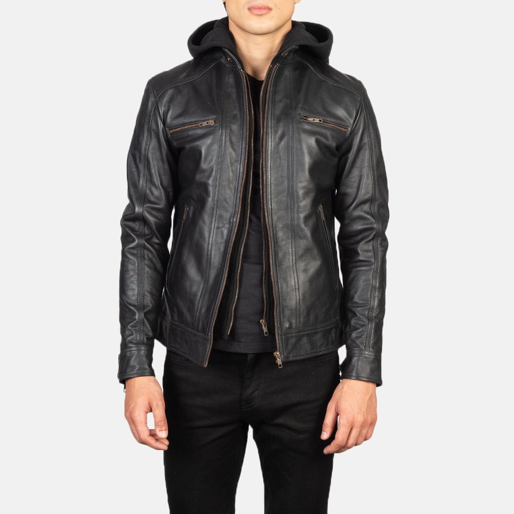Men's Hector أسود Hooded جاكيت بايكر جلد رجالي in Black Cowhide Leather - Front Profile View &amp; Tailored Silhouette | Buy Online
