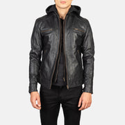 Men's Hector أسود Hooded جاكيت بايكر جلد رجالي in Black Cowhide Leather - Front Profile View &amp; Tailored Silhouette | Buy Online