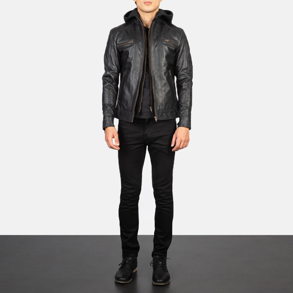 Men's Hector أسود Hooded جاكيت بايكر جلد رجالي - Lateral Side Profile View Showing Sleeve Cut &amp; Athletic Taper Fit