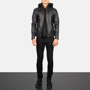 Men's Hector أسود Hooded جاكيت بايكر جلد رجالي - Lateral Side Profile View Showing Sleeve Cut &amp; Athletic Taper Fit