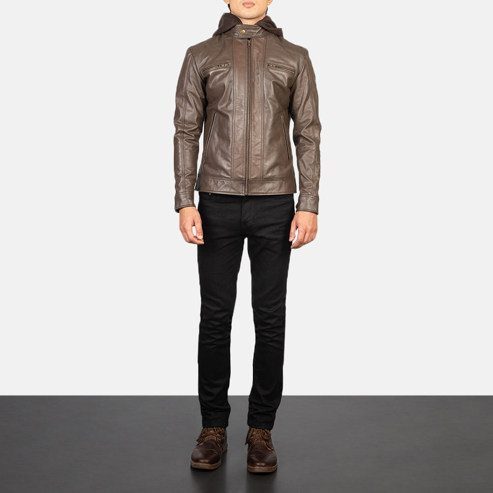 Men's Hector بني Hooded جاكيت بايكر جلد رجالي - Lateral Side Profile View Showing Sleeve Cut &amp; Athletic Taper Fit