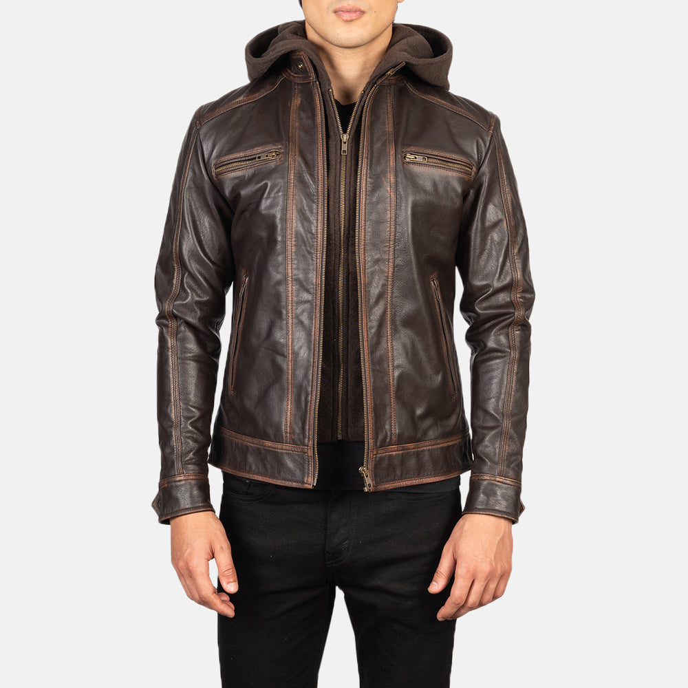 
Hector Vintage بني Hooded جاكيت بايكر جلد طبيعي رجالي in Vintage Brown Goatskin Leather - عرض أمامي وقَصّة مفصلة أنيقة | شراء أونلاين عبر المتجر الرسمي