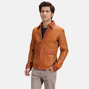 Hubert بيج بني جاكيت جلد رجالي in Tan Brown Sheepskin Leather - Front Profile View &amp; Tailored Silhouette | Buy Online