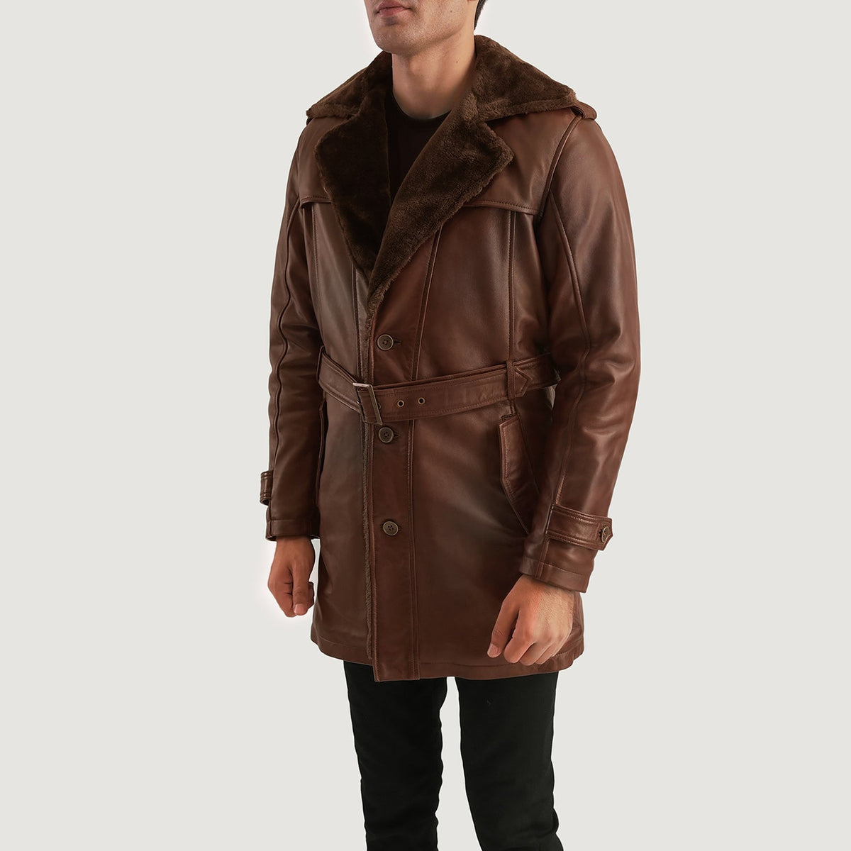 
Distressed Brown Sheepskin Burnishing Winter Jacket - عرض خلفي يوضح تفصيل الأكتاف المتقن والحاشية النظيفة