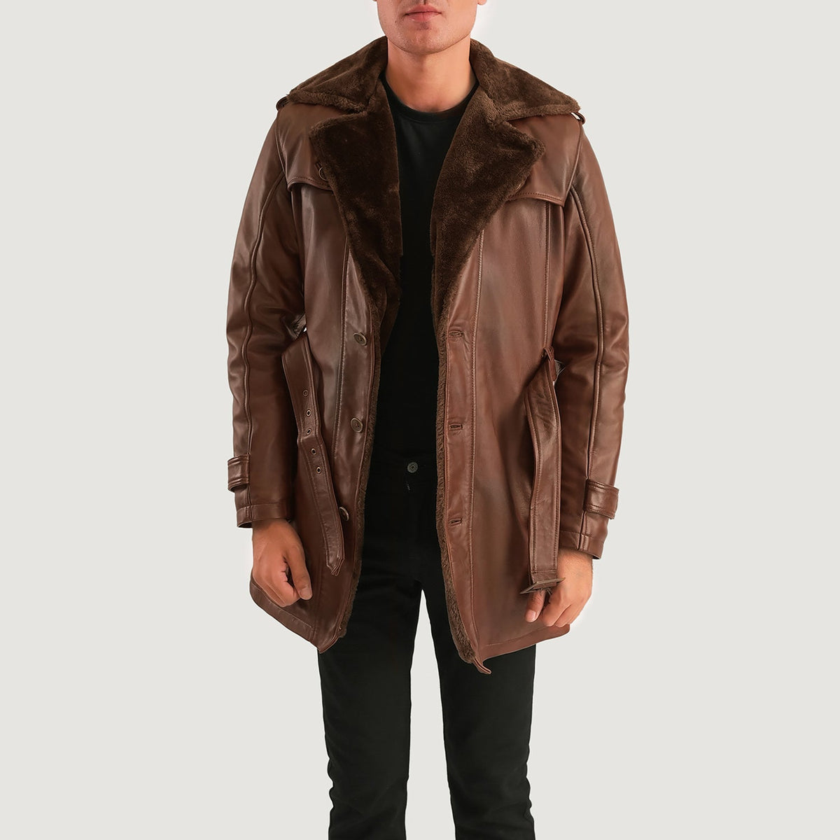 
Hunter Distressed بني Fur معطف جلد فاخر رجالي - عرض جانبي يوضح قَصّة الأكمام المريحة