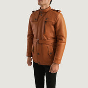 
Tan Brown Sheepskin Leather Aviator Jacket - عرض خلفي يوضح تفصيل الأكتاف المتقن والحاشية النظيفة