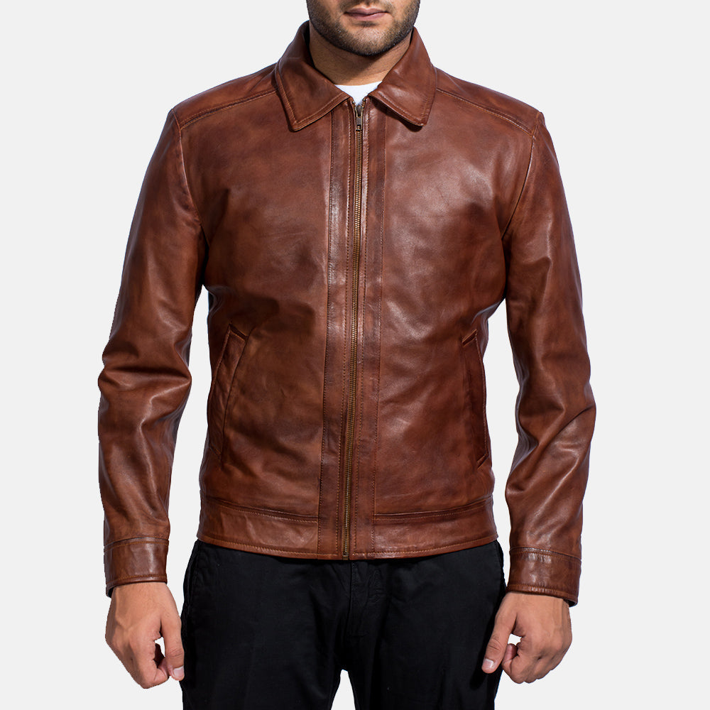 Open hem &amp; Hem Craftsmanship Construction Detail on Men's Inferno بني جاكيت جلد رجالي