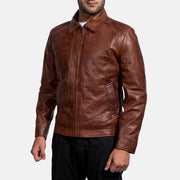 Styled Fit Perspective of Men's Inferno بني جاكيت جلد رجالي on Model - Natural Daylight Drape