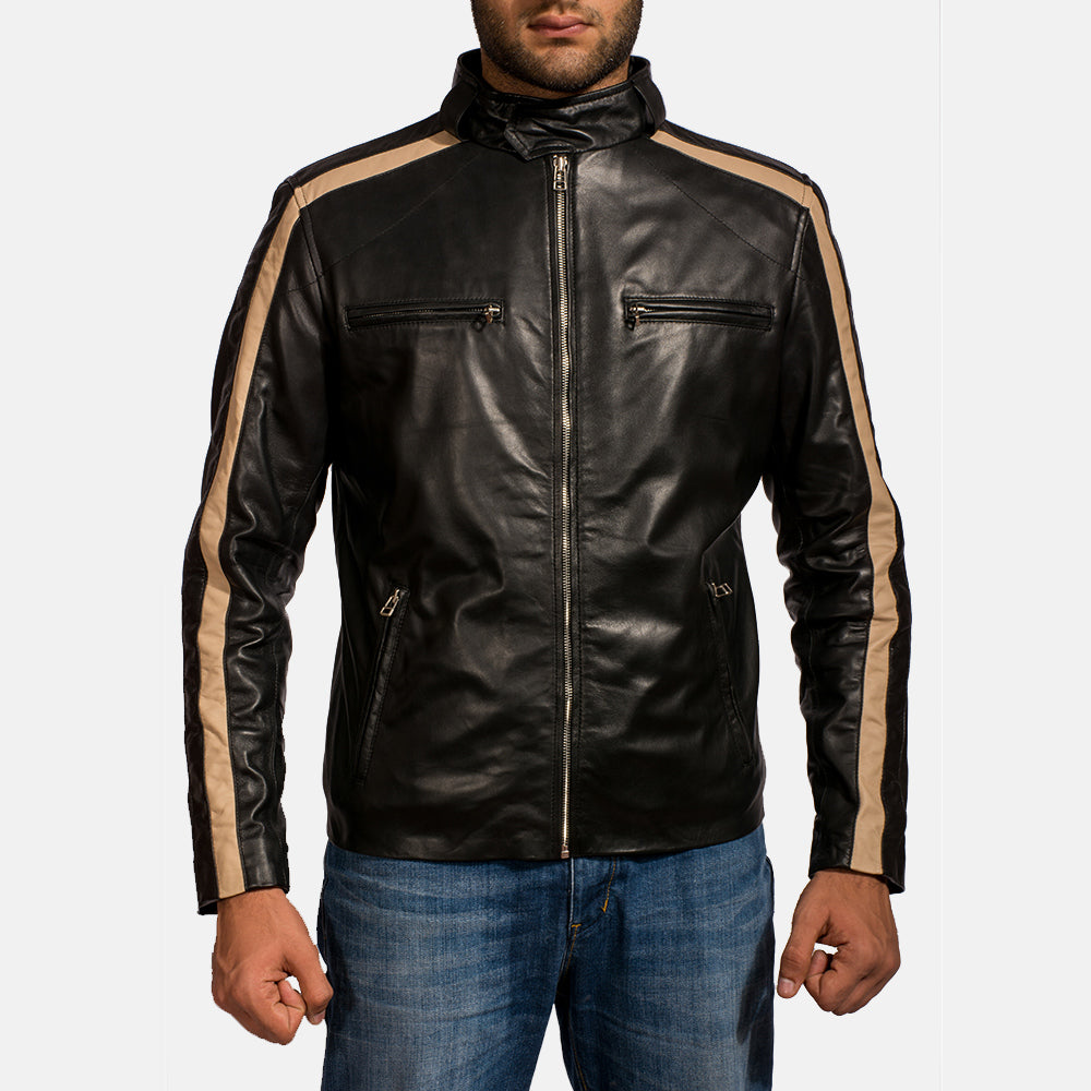 Men's Jack أسود جاكيت بايكر جلد رجالي in Black Sheepskin Leather - Front Profile View &amp; Tailored Silhouette | Buy Online