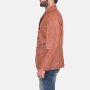 James بيج بني بليزر جلد رجالي - Lateral Side Profile View Showing Sleeve Cut &amp; Athletic Taper Fit