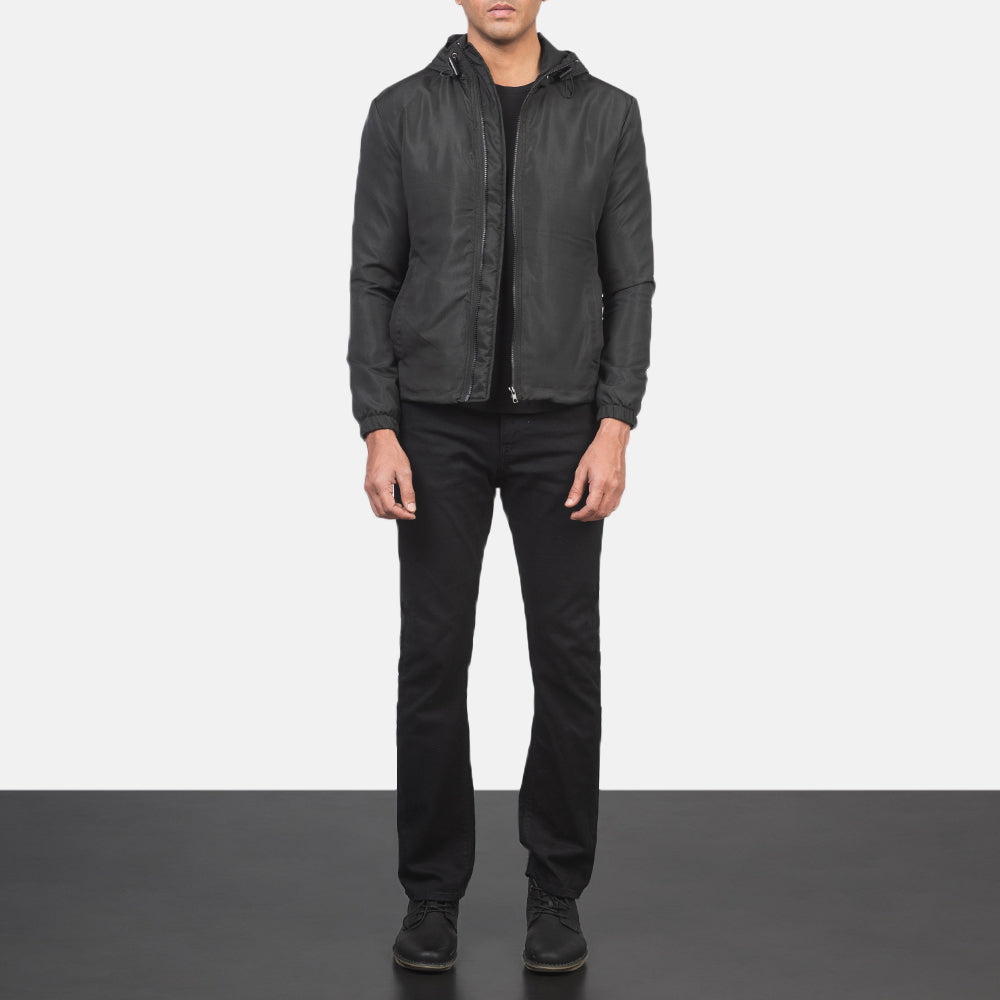 
Jimmy أسود Hooded Windbreaker جاكيت جلد رجالي - عرض جانبي يوضح قَصّة الأكمام المريحة