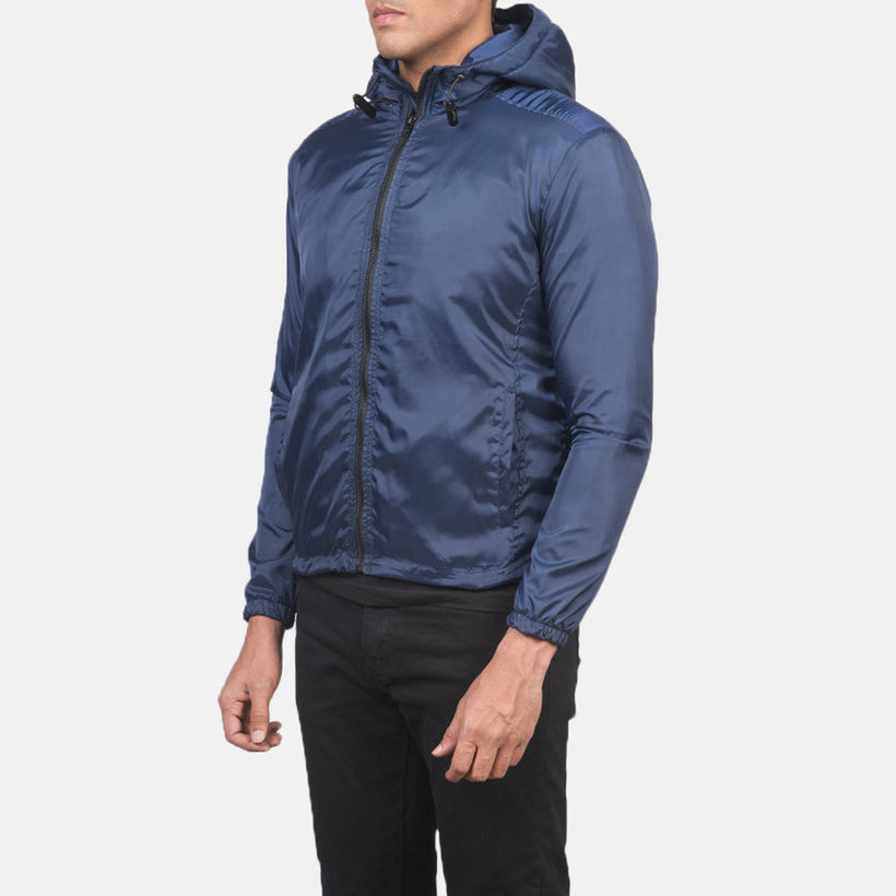 Jimmy أزرق Hooded Windbreaker جاكيت جلد رجالي