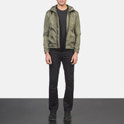 
Jimmy أخضر Hooded Windbreaker جاكيت جلد رجالي - عرض جانبي يوضح قَصّة الأكمام المريحة