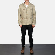 Kajetan Beige Safari جاكيت جلد رجالي - Lateral Side Profile View Showing Sleeve Cut &amp; Athletic Taper Fit