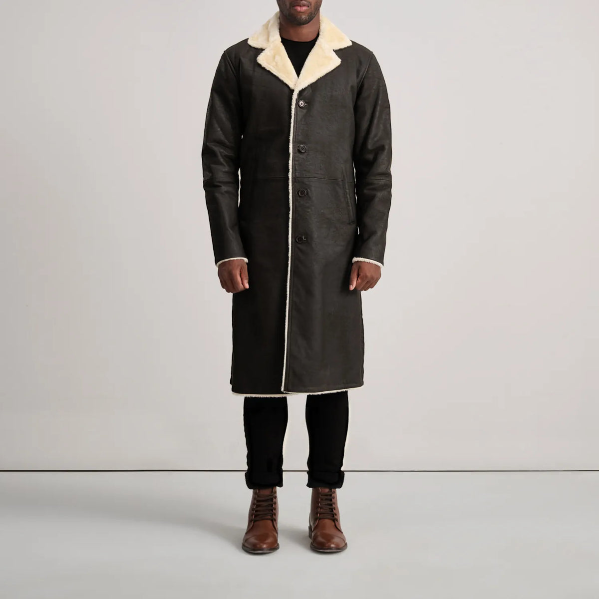 
Kolby Tumbled Brown Shearling Long Coat - عرض جانبي يوضح قَصّة الأكمام المريحة