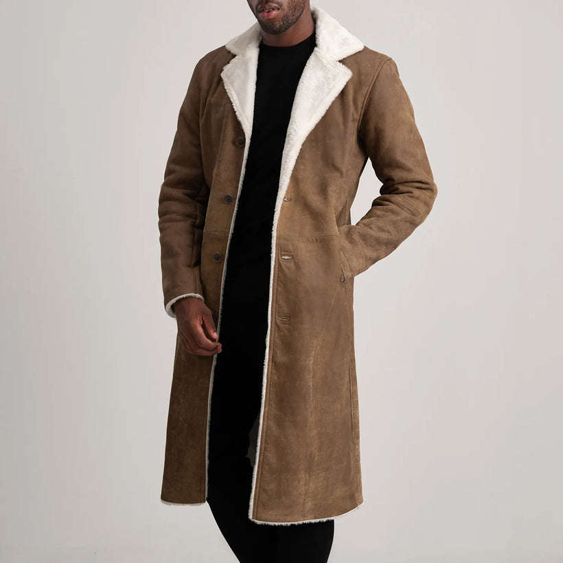 Kolby Distressed بني Leather Shearling معطف جلد فاخر رجالي