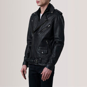 Kole أسود Leather Double Rider جاكيت جلد رجالي For Men - Lateral Side Profile View Showing Sleeve Cut &amp; Athletic Taper Fit