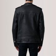 
تفاصيل مقربة of Notch & Zipper & Waist Straps Hardware on Kole Distressed أسود Leather Double Rider جاكيت جلد رجالي