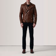 
Distressed Brown Sheepskin Burnished Biker Jacket - عرض خلفي يوضح تفصيل الأكتاف المتقن والحاشية النظيفة