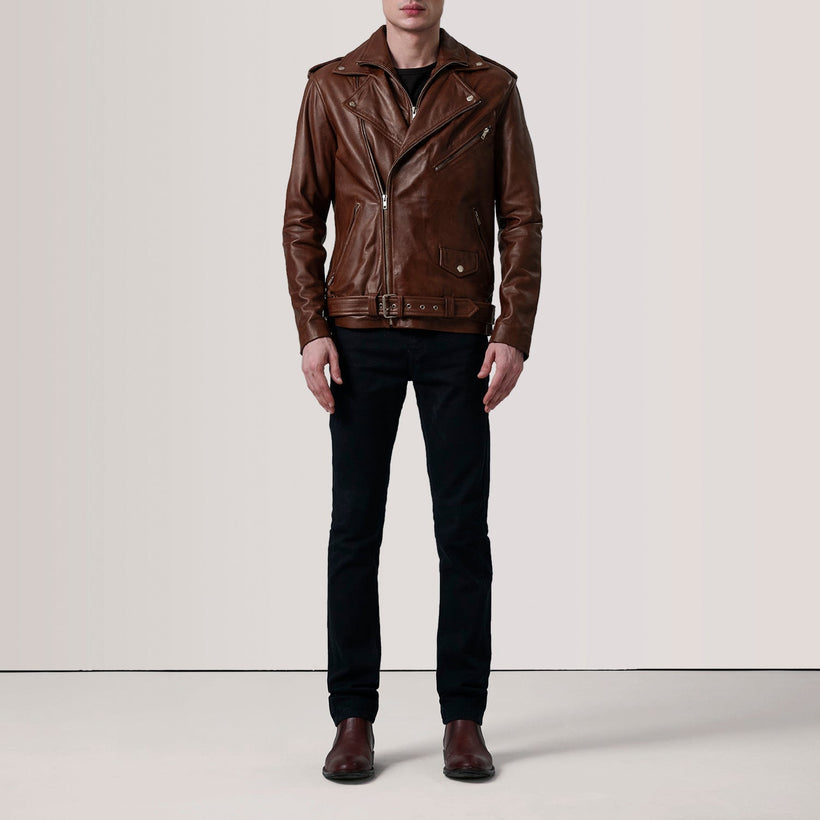 Kole Waxed بني Leather Double Rider جاكيت جلد رجالي