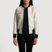 Women's Lana Silver جاكيت بومبر جلد نسائي in Silver Sheepskin Leather - Front Profile View &amp; Tailored Silhouette | Buy Online