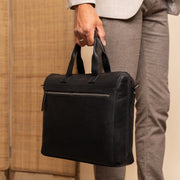 Levanto Full-Grain Leather Laptop Bag - Structured Side Profile Showing Gusset Depth & Expansion Capacity