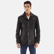 Leo أسود معطف جلد رجالي in Black Cowhide Leather - Front Profile View &amp; Tailored Silhouette | Buy Online