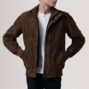 Tailored Rib Cuffs &amp; Hem Craftsmanship Construction Detail on Lester بني Suede جاكيت بومبر جلد رجالي For Men