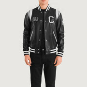 
Liberte California أسود Leather Varsity جاكيت جلد رجالي in Black & White Sheepskin Leather - عرض أمامي وقَصّة مفصلة أنيقة | شراء أونلاين عبر المتجر الرسمي