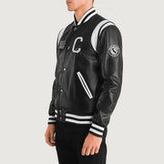 
Black & White Sheepskin Leather Varsity Jacket - عرض خلفي يوضح تفصيل الأكتاف المتقن والحاشية النظيفة