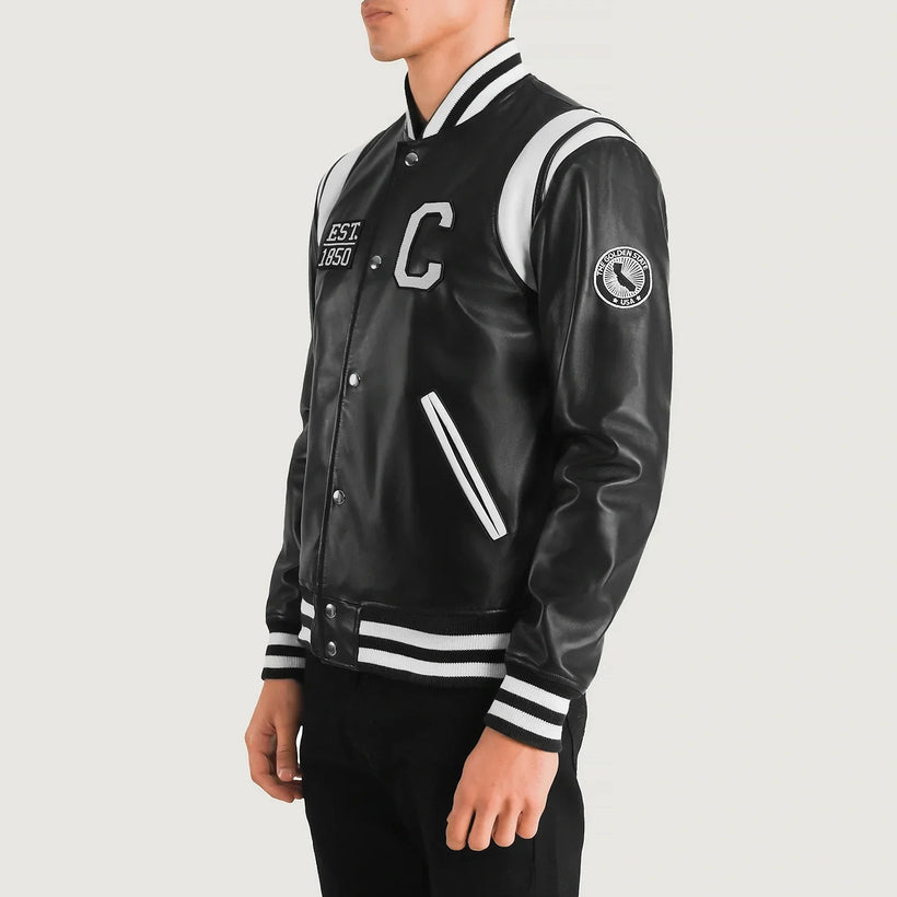 Liberte California أسود Leather Varsity جاكيت جلد رجالي