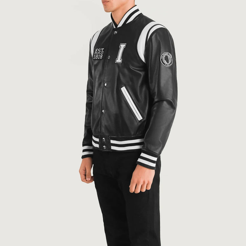 Liberte Illinois أسود Leather Varsity جاكيت جلد رجالي
