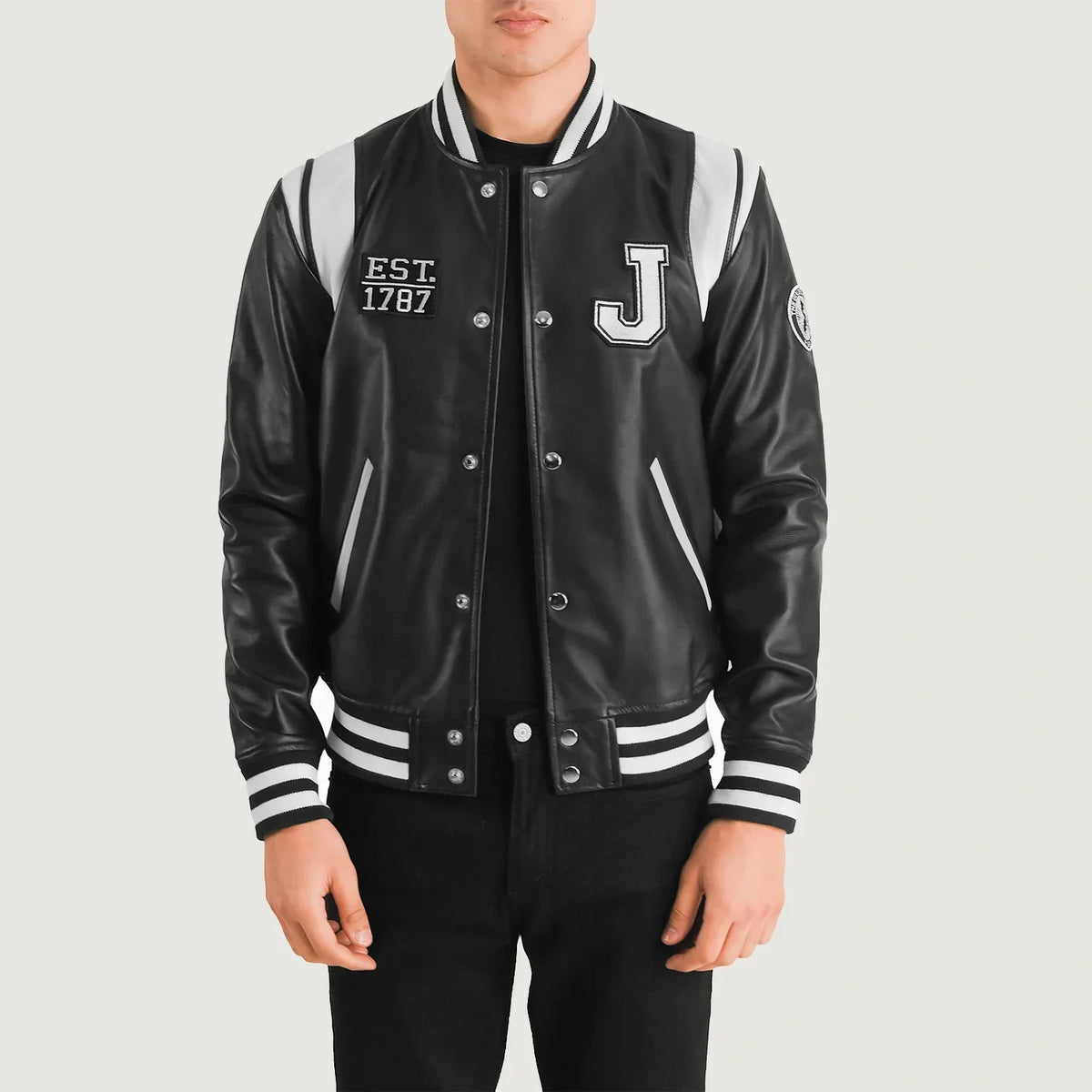 Liberte New Jersey أسود Leather Varsity جاكيت جلد رجالي in Black &amp; White Sheepskin Leather - Front Profile View &amp; Tailored Silhouette | Buy Online