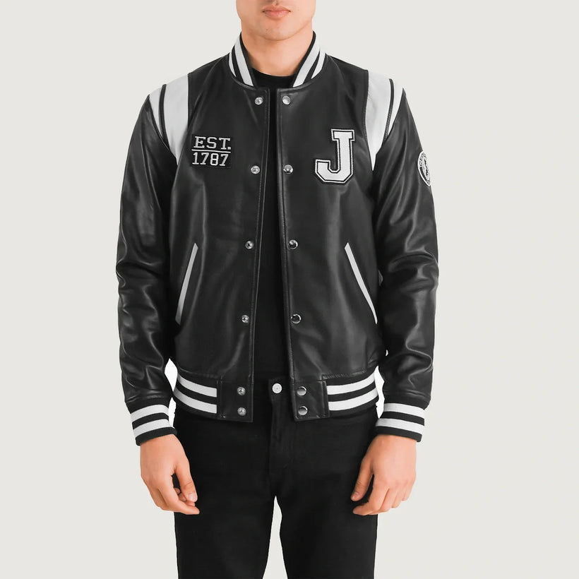Liberte New Jersey أسود Leather Varsity جاكيت جلد رجالي