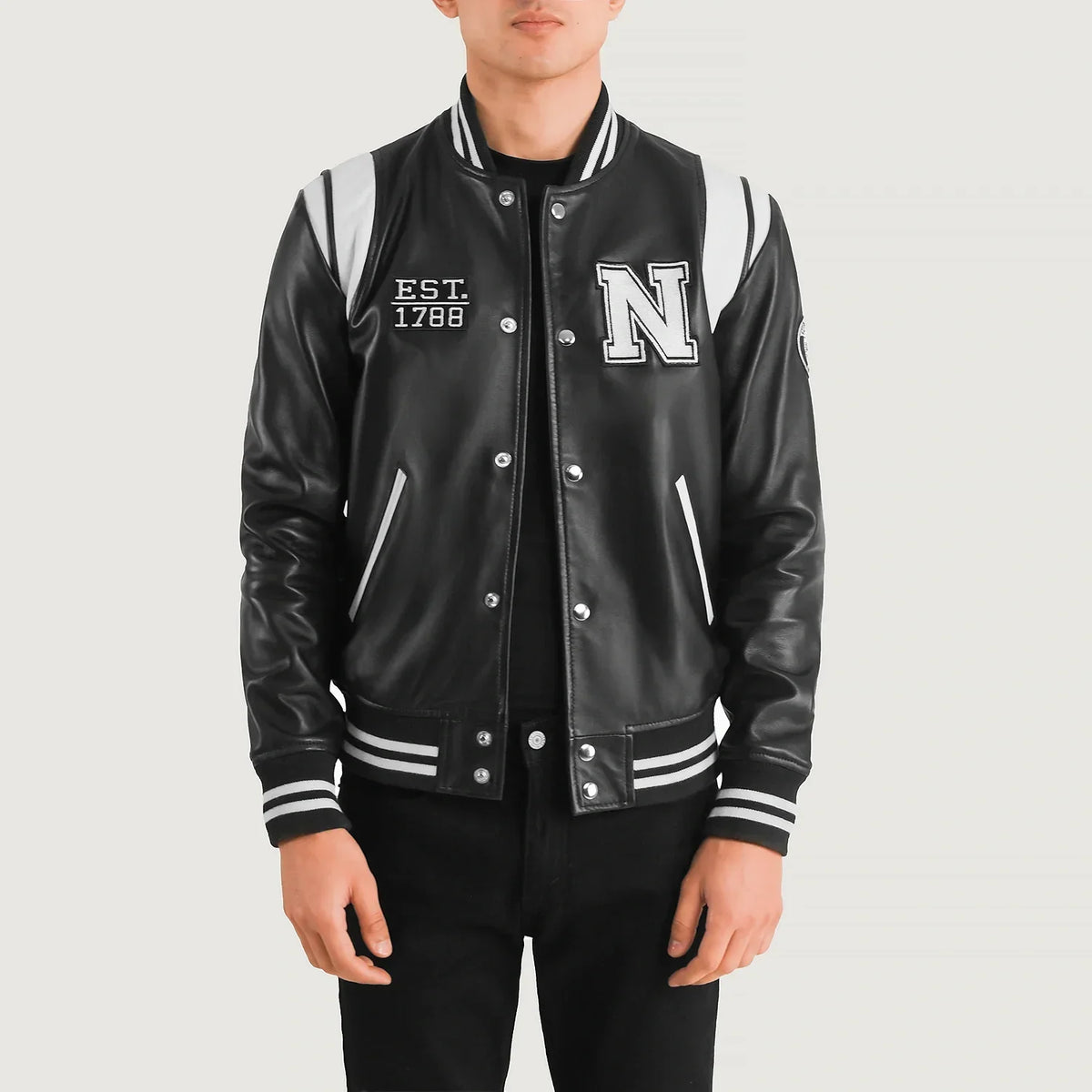 Liberte New York أسود Leather Varsity جاكيت جلد رجالي in Black &amp; White Sheepskin Leather - Front Profile View &amp; Tailored Silhouette | Buy Online