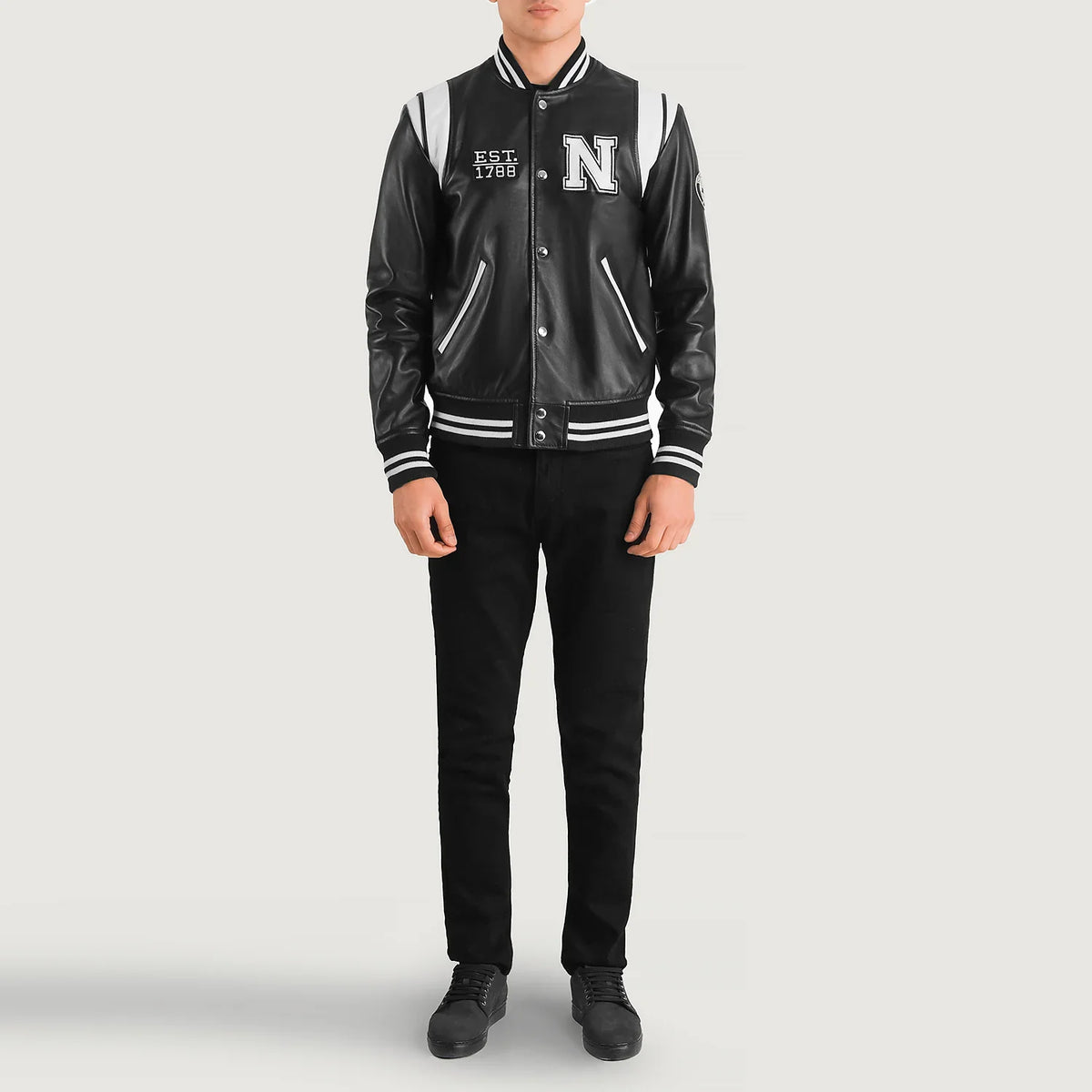 Liberte New York أسود Leather Varsity جاكيت جلد رجالي - Lateral Side Profile View Showing Sleeve Cut &amp; Athletic Taper Fit