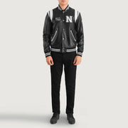 Liberte New York أسود Leather Varsity جاكيت جلد رجالي - Lateral Side Profile View Showing Sleeve Cut &amp; Athletic Taper Fit