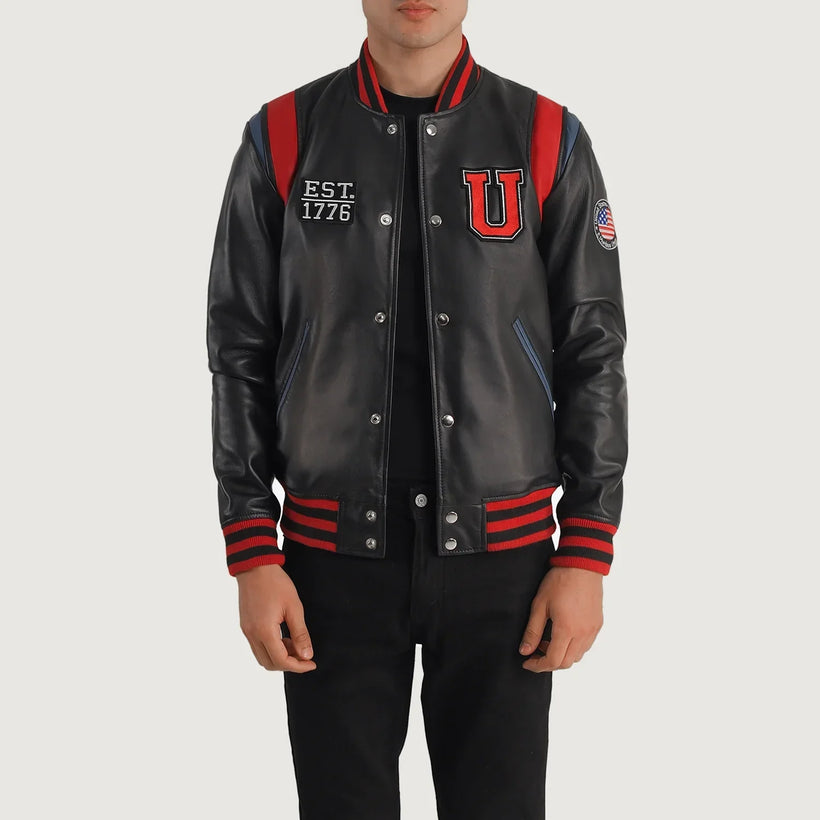 Liberte Usa أسود Leather Varsity جاكيت جلد رجالي