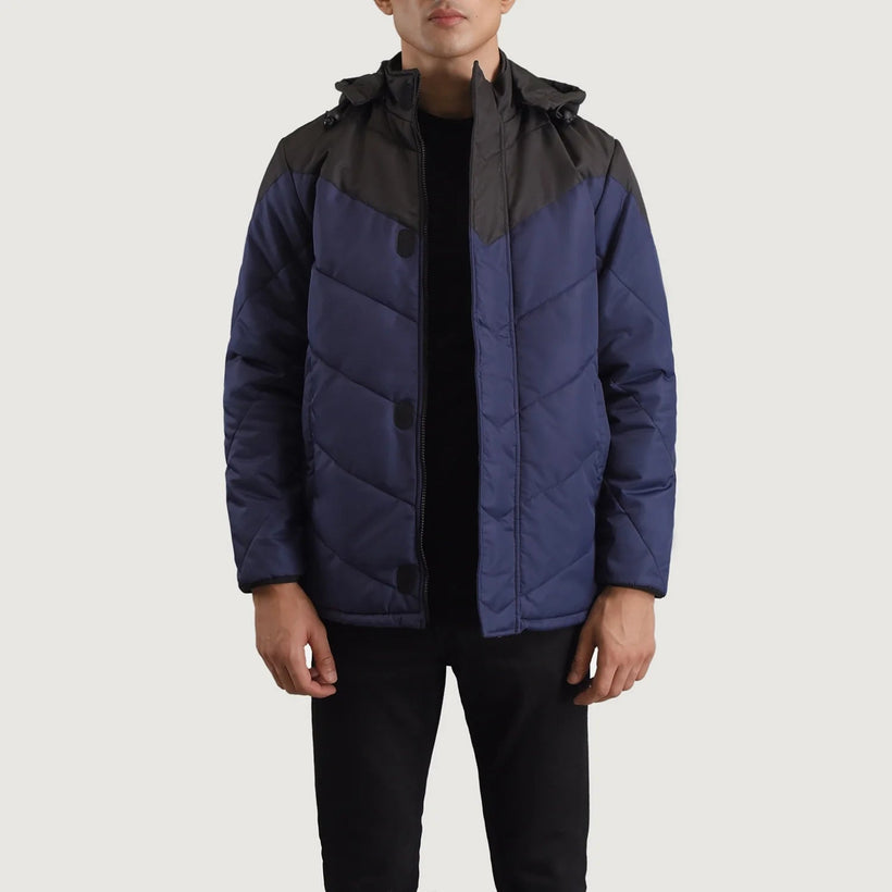 Luka أسود & أزرق Hooded Puffer جاكيت جلد رجالي