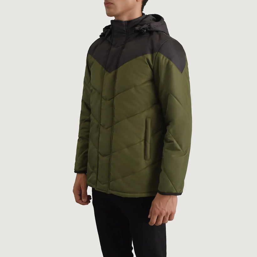 Luka أسود & أخضر Hooded Puffer جاكيت جلد رجالي