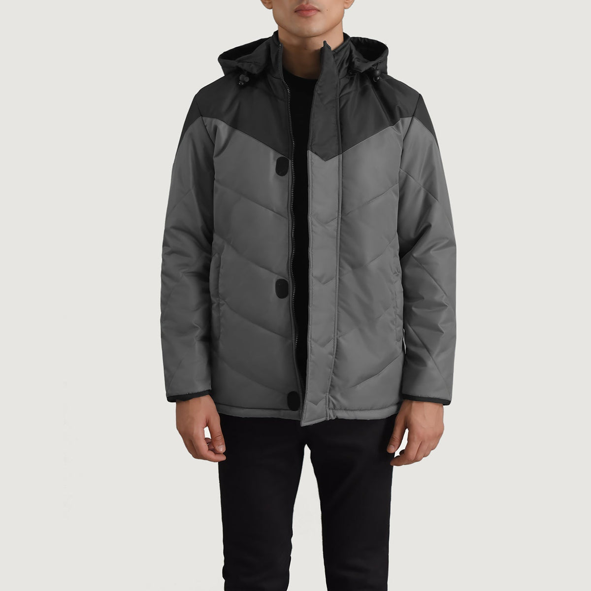 
Luka أسود & Grey Hooded Puffer جاكيت جلد رجالي - عرض جانبي يوضح قَصّة الأكمام المريحة