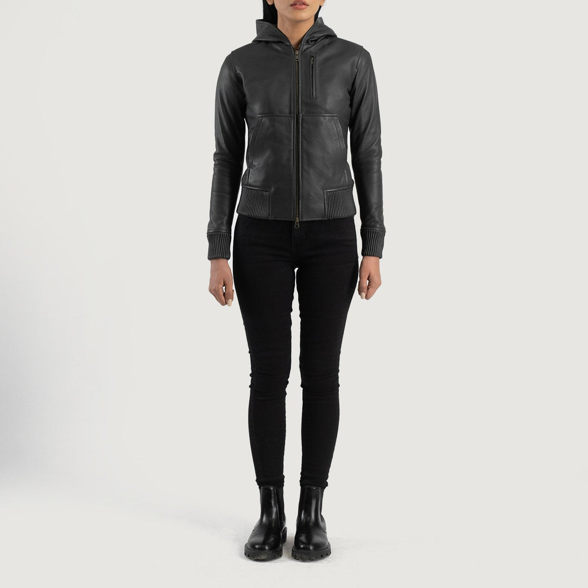Luna Hooded جاكيت بومبر جلد نسائي – alternate product view 3