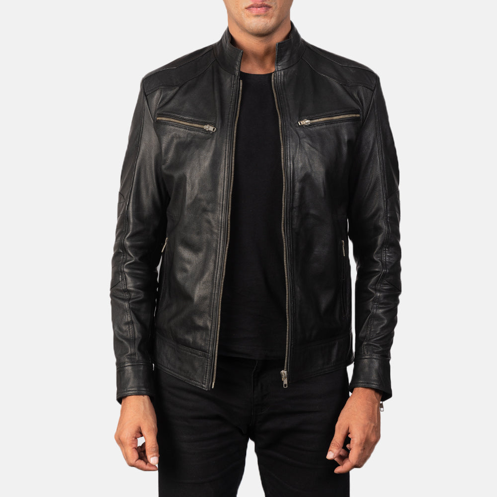 Men's Mack أسود جاكيت بايكر جلد رجالي in Black Goatskin Leather - Front Profile View &amp; Tailored Silhouette | Buy Online