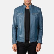 Mack أزرق جاكيت بايكر جلد رجالي in Blue Sheepskin Leather - Front Profile View &amp; Tailored Silhouette | Buy Online