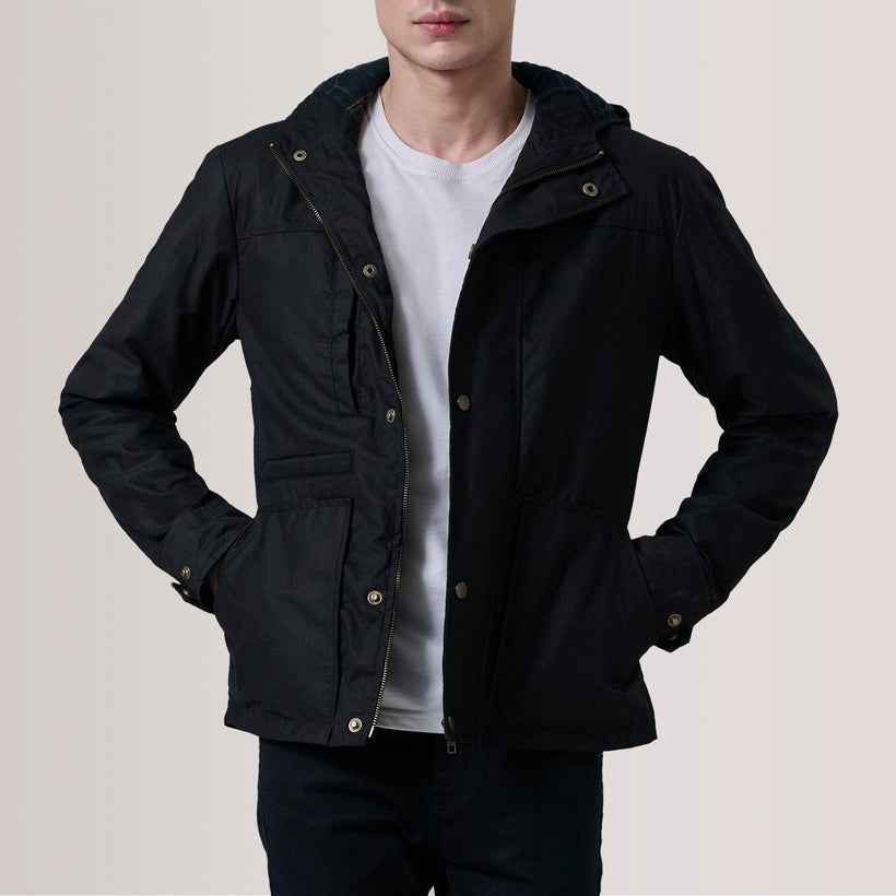 Marlo أسود Canvas Hooded Work جاكيت جلد رجالي