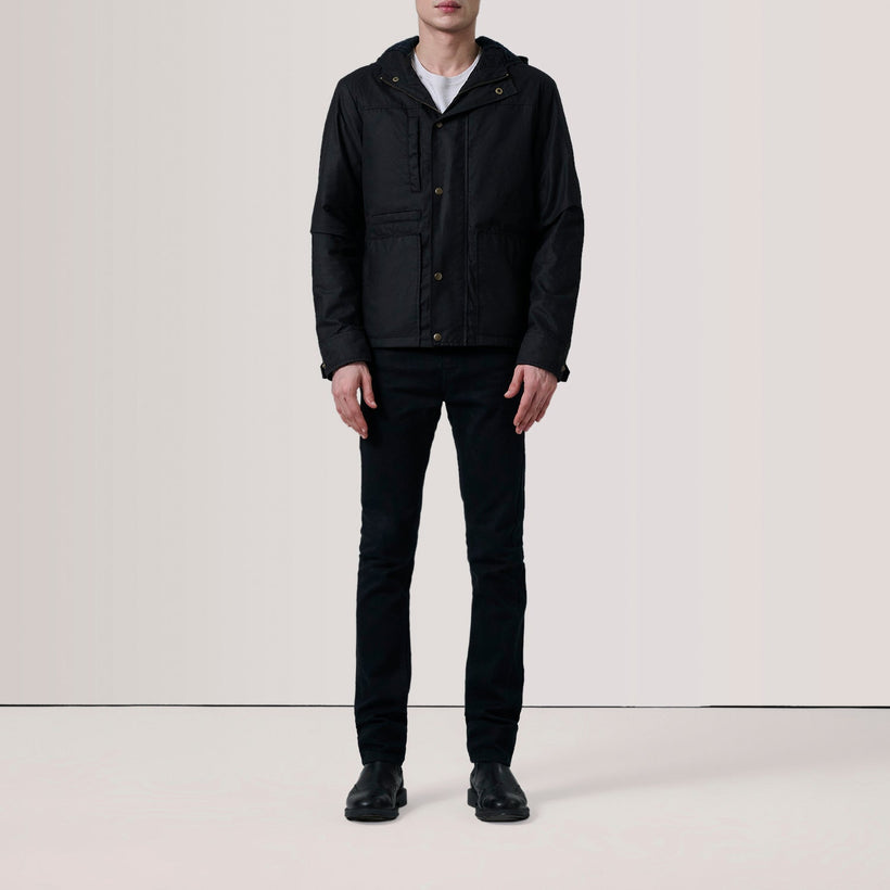Marlo أسود Canvas Hooded Work جاكيت جلد رجالي
